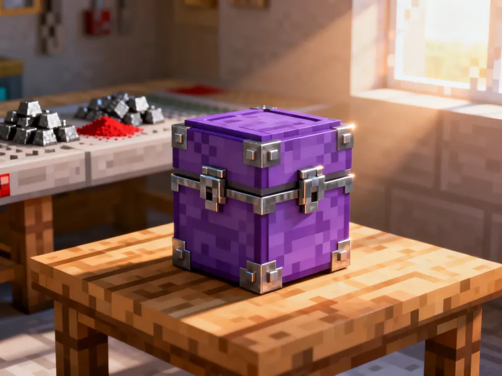 Fioletowy shulker box stojący na drewnianym stole w warsztacie w stylu Minecrafta.