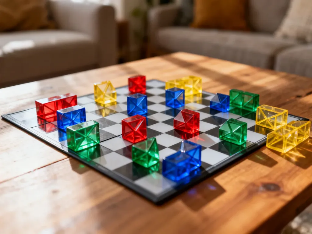 Kolorowe klocki gry Blokus strategicznie rozmieszczone na kwadratowej planszy podczas rozgrywki.