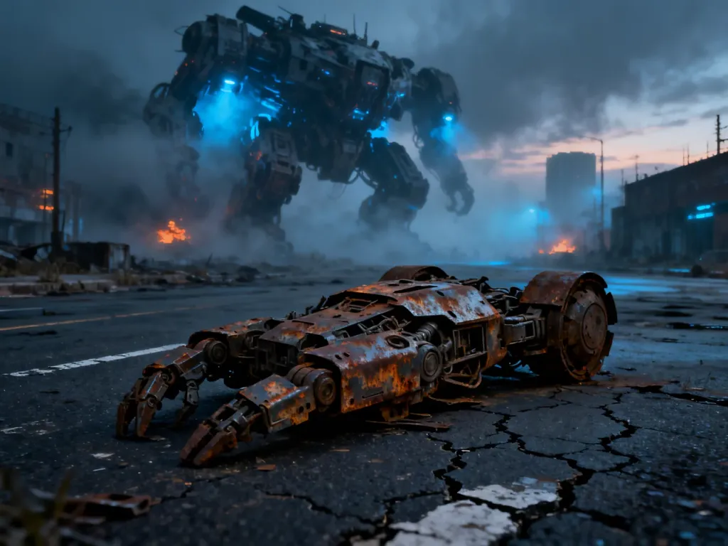 Futurystyczny, opuszczony krajobraz miejski z elementami zniszczonych robotów w klimacie gry Arc Raiders.