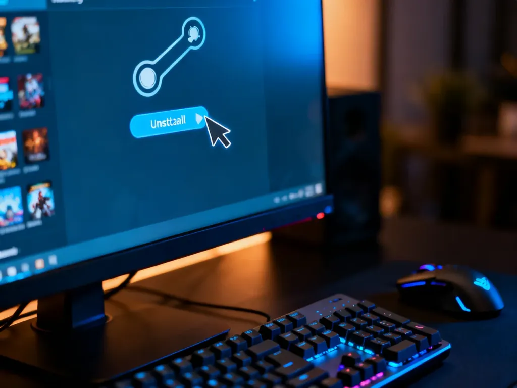 Kursor myszy najeżdża na przycisk odinstalowania gry w bibliotece Steam na ekranie monitora.