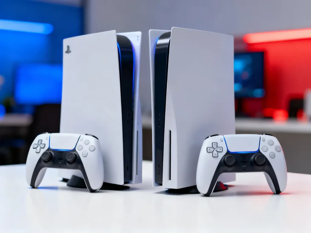 Dwie konsole Nintendo Switch zestawione obok siebie na minimalistycznym tle, prezentujące design urządzeń.