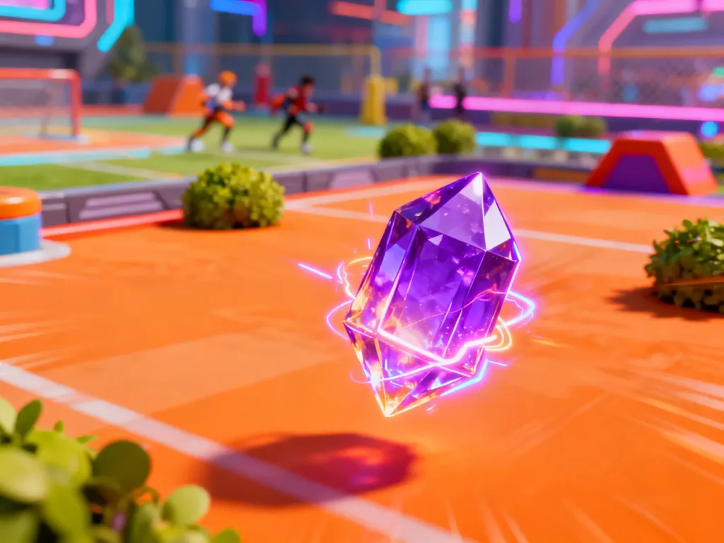 Dynamiczna grafika przedstawiająca arenę walki z gry Brawl Stars z neonowym kryształem mocy na pierwszym planie.