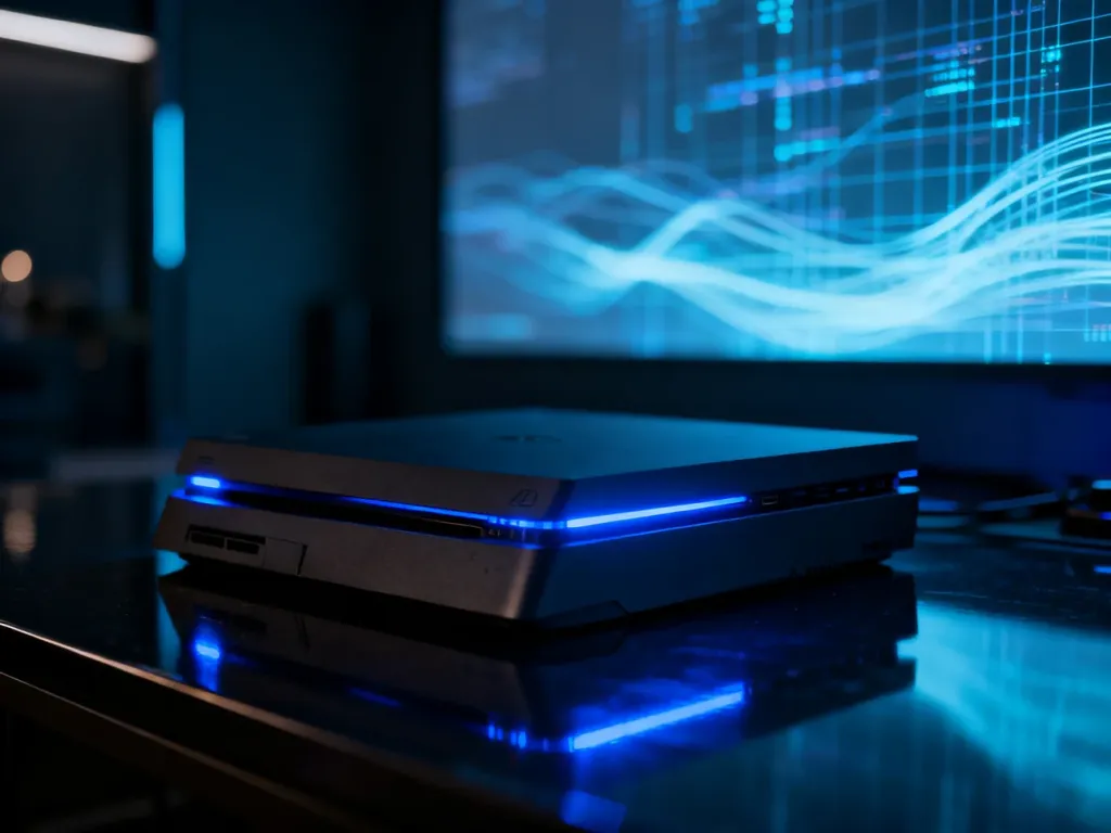 Futurystyczna koncepcja konsoli PlayStation 6 z niebieskim podświetleniem w nowoczesnym, technologicznym wnętrzu.