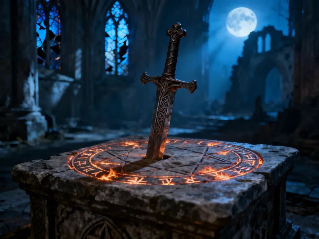 Mroczny, gotycki ołtarz z wbitym mieczem i świecącymi runami w klimacie dark fantasy nawiązującym do Path of Exile 2.