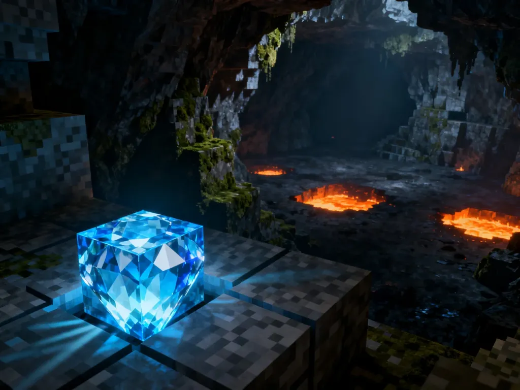Blok diamentowej rudy świecący w ciemnej jaskini w grze Minecraft, otoczony kamiennymi ścianami i dalekim blaskiem lawy.