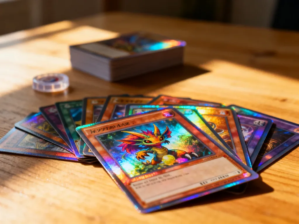 Kolorowe karty kolekcjonerskie Pokémon rozłożone na drewnianym stole w promieniach popołudniowego słońca.