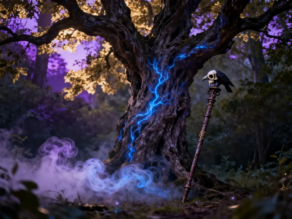 Mistyczna polana w lesie z magicznym drzewem i kosturem z czaszką kruka, nawiązująca do klimatu filmu Czarownica.