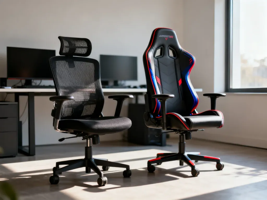 Porównanie ergonomicznego fotela biurowego oraz gamingowego w nowoczesnym domowym biurze.