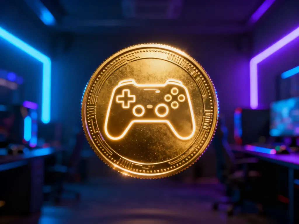 Złota cyfrowa moneta z ikoną kontrolera do gier, symbolizująca punkty Steam w nowoczesnym, gamingowym otoczeniu.