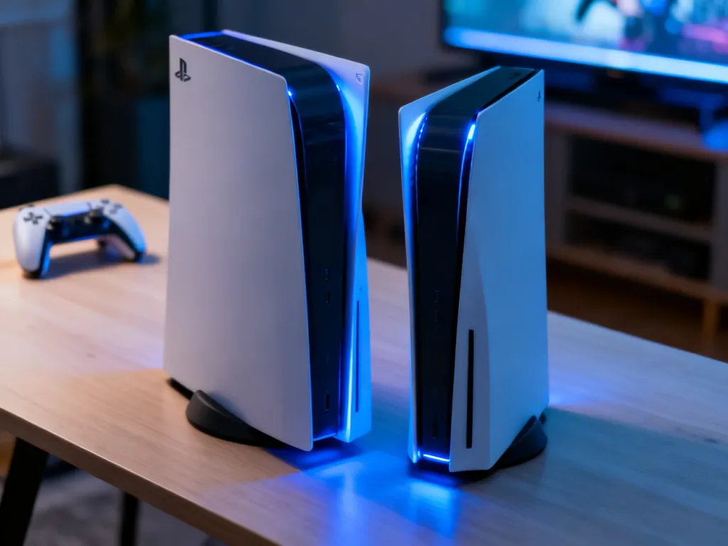 Porównanie konsol PlayStation 4 oraz PlayStation 4 Slim ustawionych obok siebie na biurku.