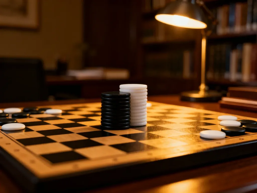 Plansza do gry w Reversi z czarno-białymi pionami w przytulnym gabinecie podczas wieczornej rozgrywki.