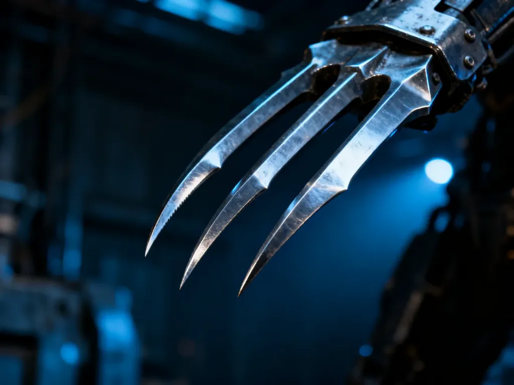 Zbliżenie na charakterystyczne, metalowe pazury Wolverine'a w mrocznej, industrialnej scenerii.