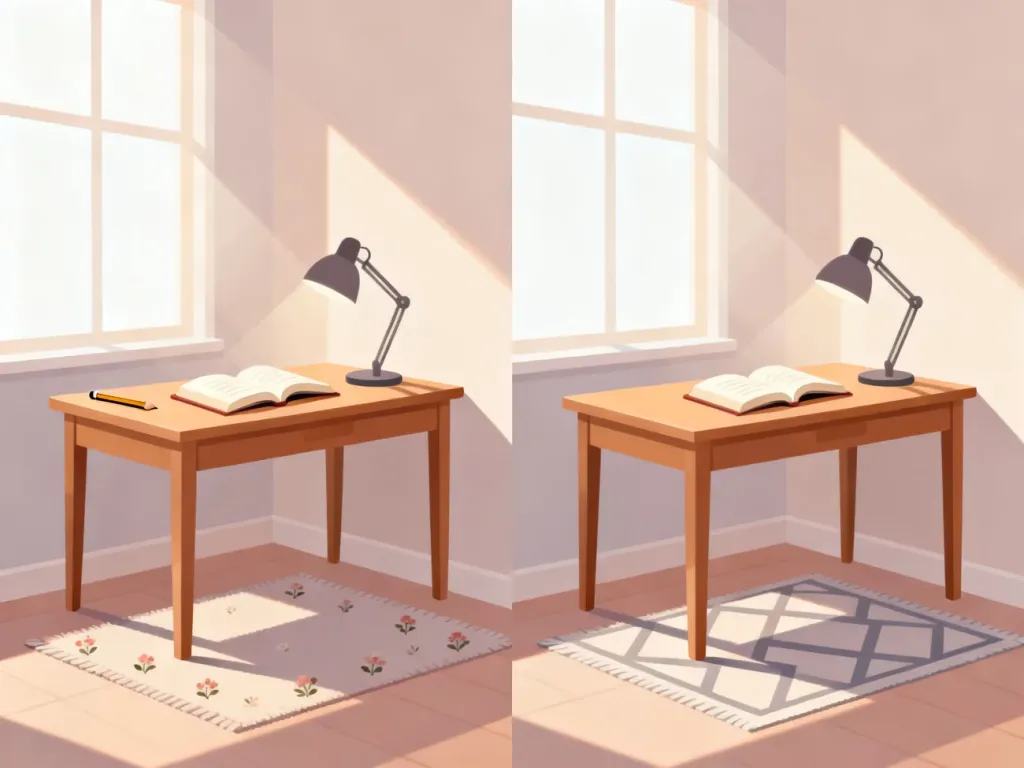 Dwie minimalistyczne ilustracje gabinetu z subtelnymi różnicami w detalach, służące do ćwiczenia spostrzegawczości.
